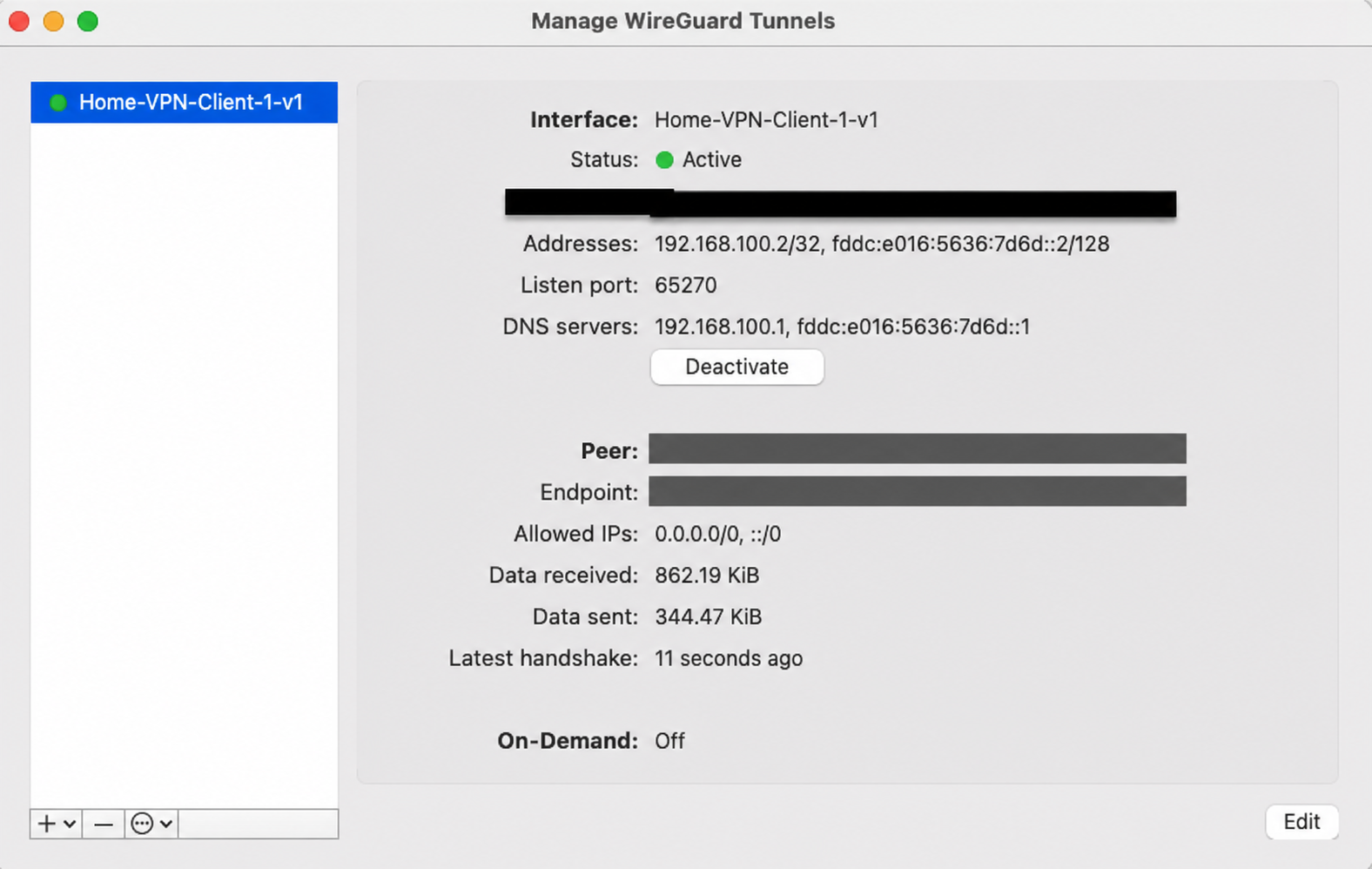 WireGuard client showing an active tunnel and a recent successful handshake, with sensitive connection details redacted.